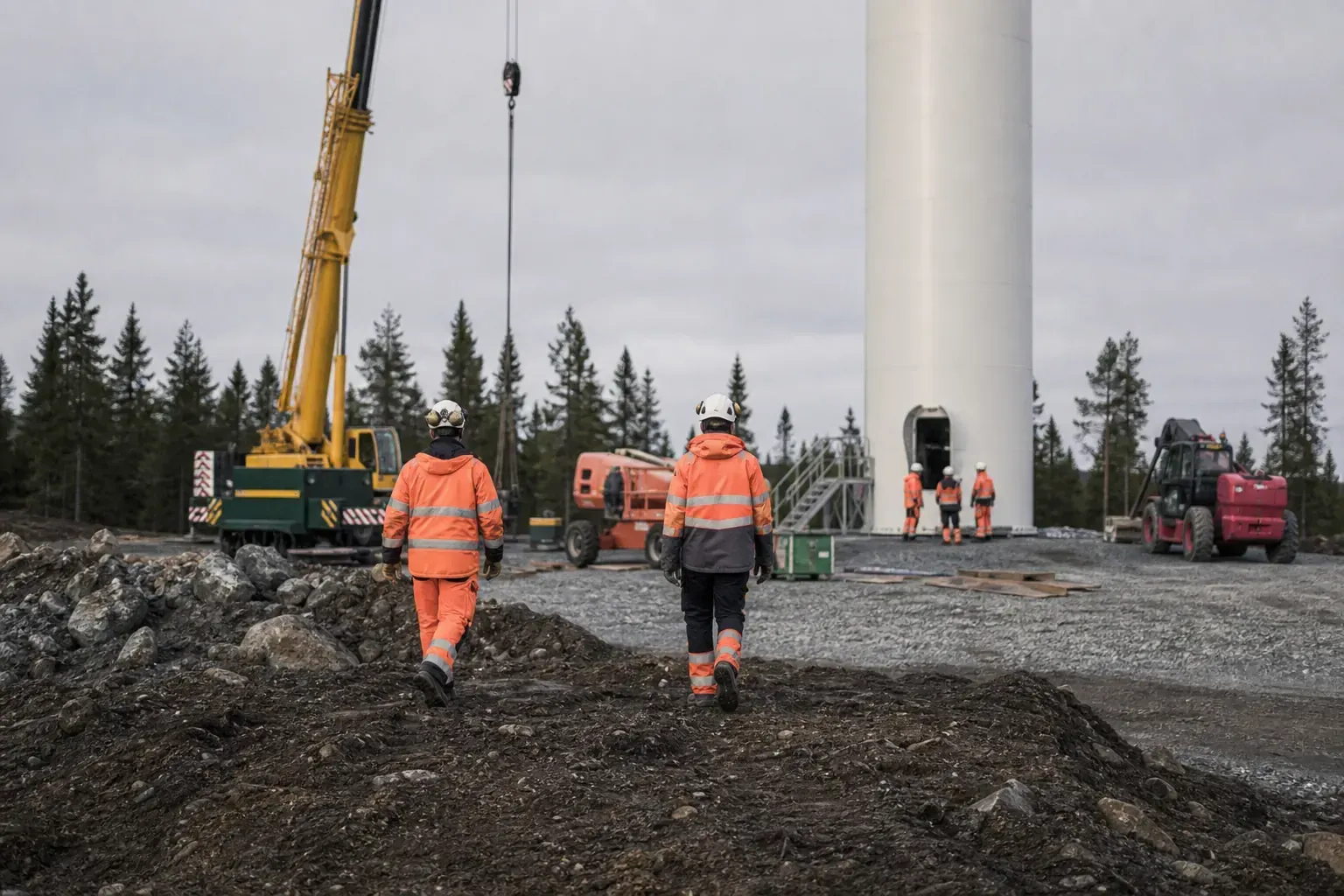 Byggarbetare i varselkläder vid en vindkraftsbyggarbetsplats