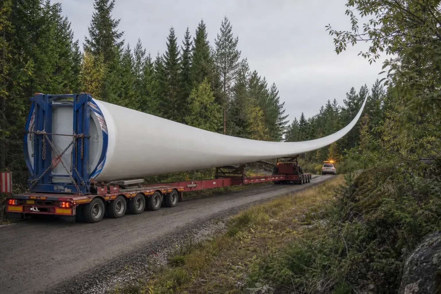 Ett långt rotorblad på en specialtrailer transporteras på en landsväg