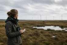 En ekolog med kikare och anteckningsblock i ett hedlandskap med vindkraftverk vid horisonten