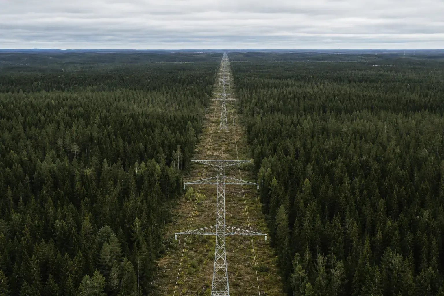 Kraftledningar och stamnät i skogslandskap under molnig himmel