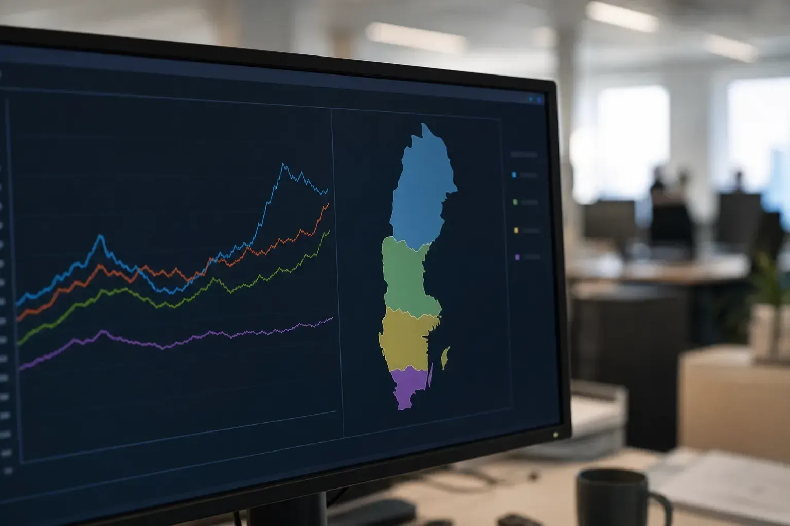 Skärm som visar elpriskurvor och en karta över Sveriges elområden
