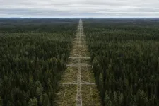 Kraftledningsgata genom skog sedd från ovan