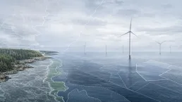 Redaktionell illustration av havsbaserad vindkraft, kustlinje och tillståndsunderlag