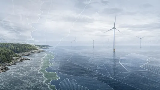 Redaktionell illustration av havsbaserad vindkraft, kustlinje och tillståndsunderlag