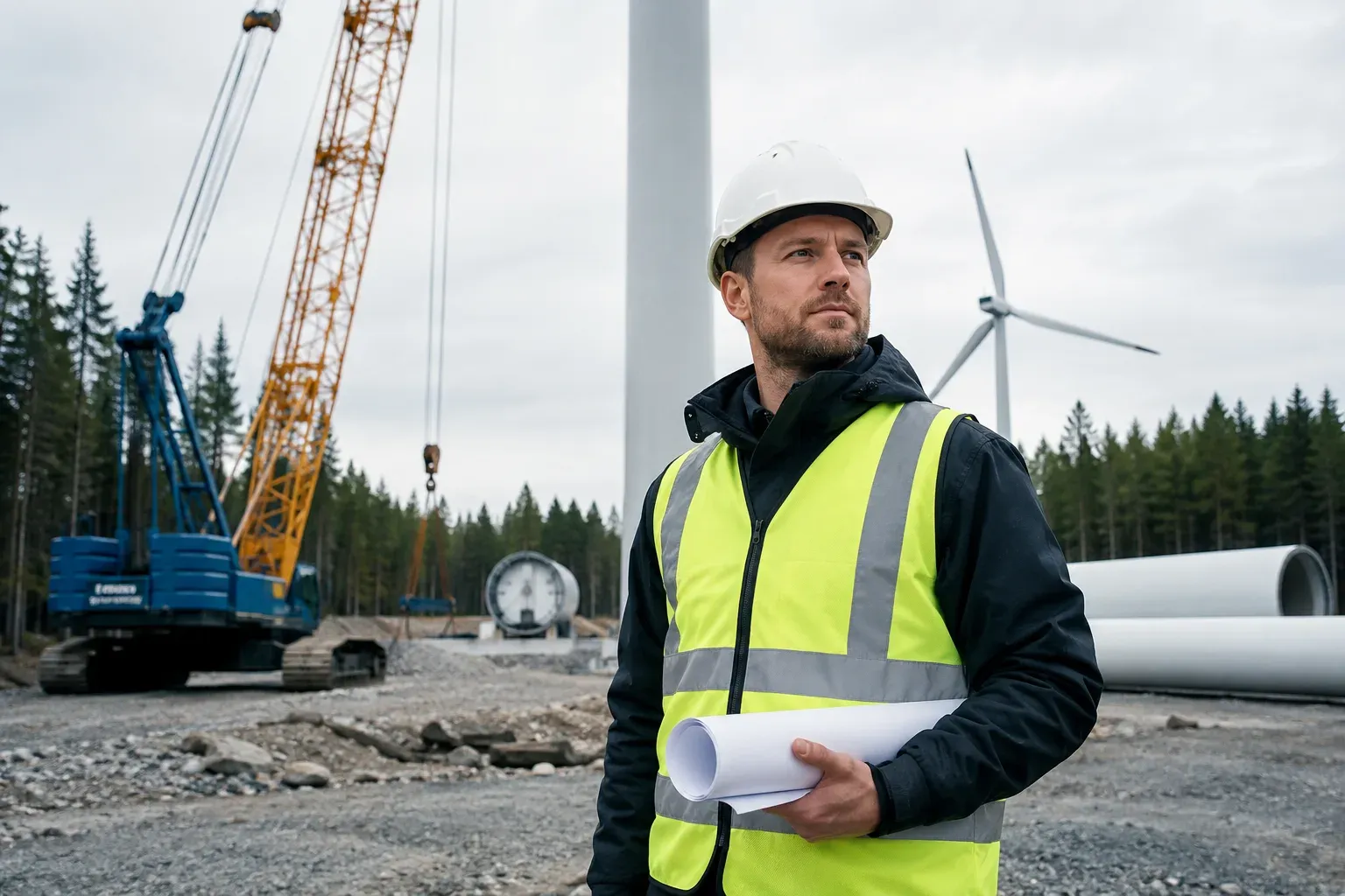 Projektledare med ritningar på en vindkraftsbyggarbetsplats med kran och torndelar