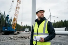 Projektledare med ritningar på en vindkraftsbyggarbetsplats med kran och torndelar