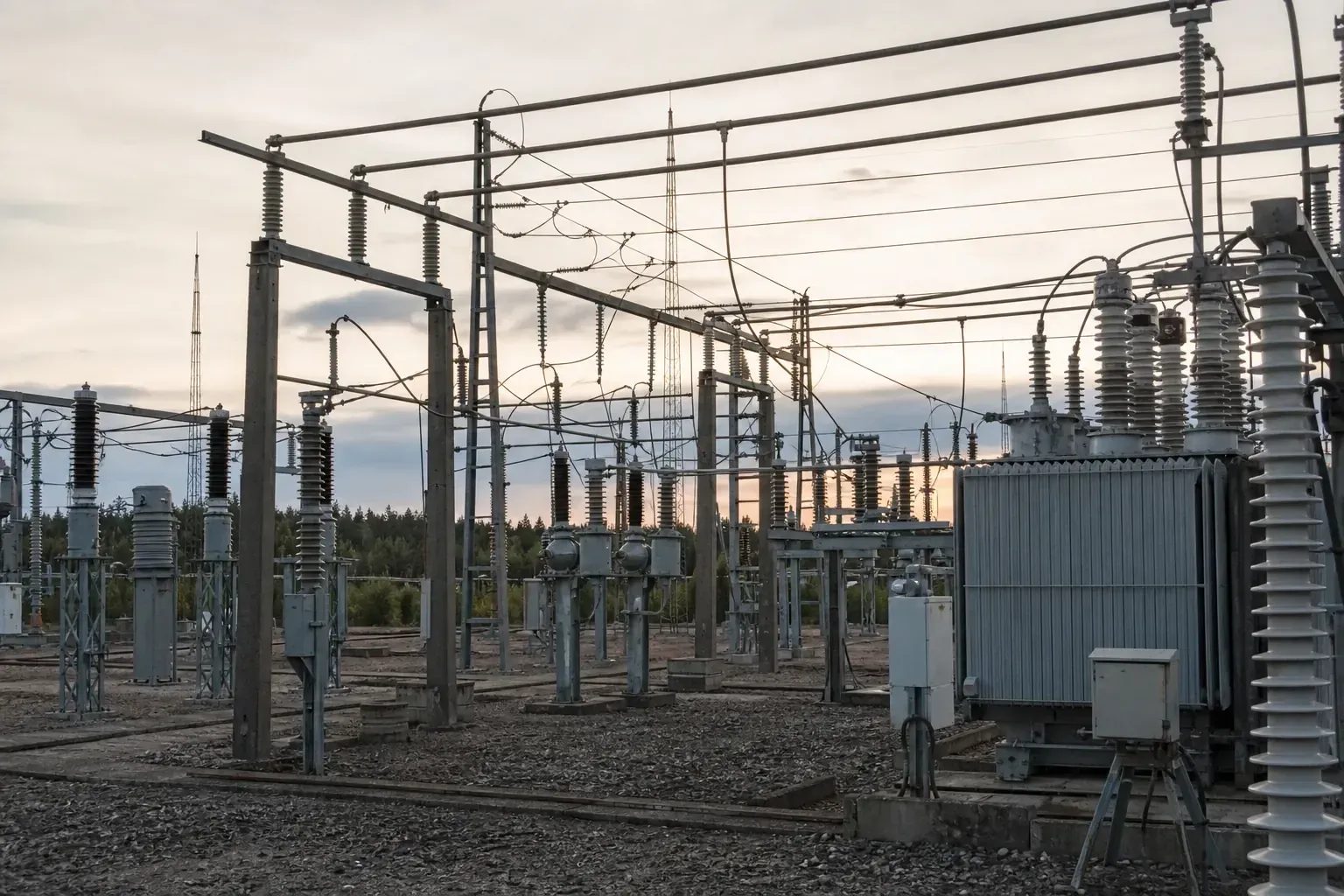 Transformatorstation och kraftledningar vid elnätsanslutning