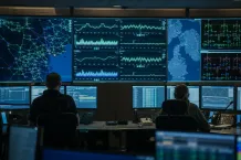 Kontrollrum för elnät med skärmar och vindkraftsdata