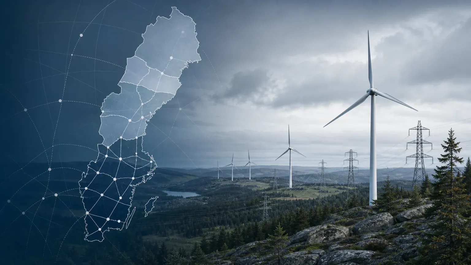 Redaktionell illustration av vindkraft, elnät och en digital kapacitetskarta över Sverige