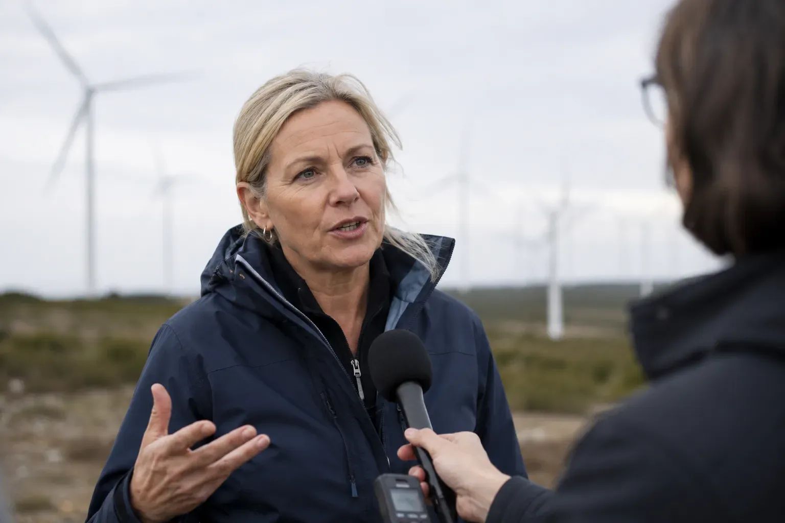 En person som intervjuas utomhus med en vindpark suddig i bakgrunden
