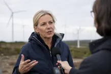 En person som intervjuas utomhus med en vindpark suddig i bakgrunden
